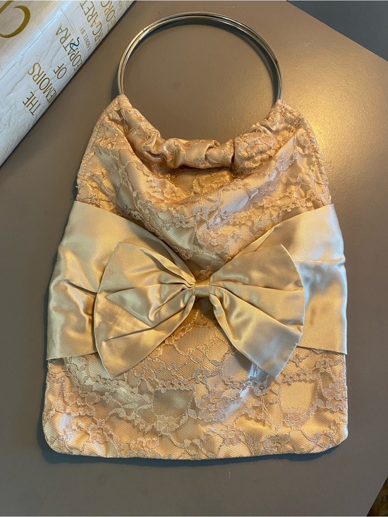 Handbags - Elegant Satin & Lace Bow Handle Bag in Champagne